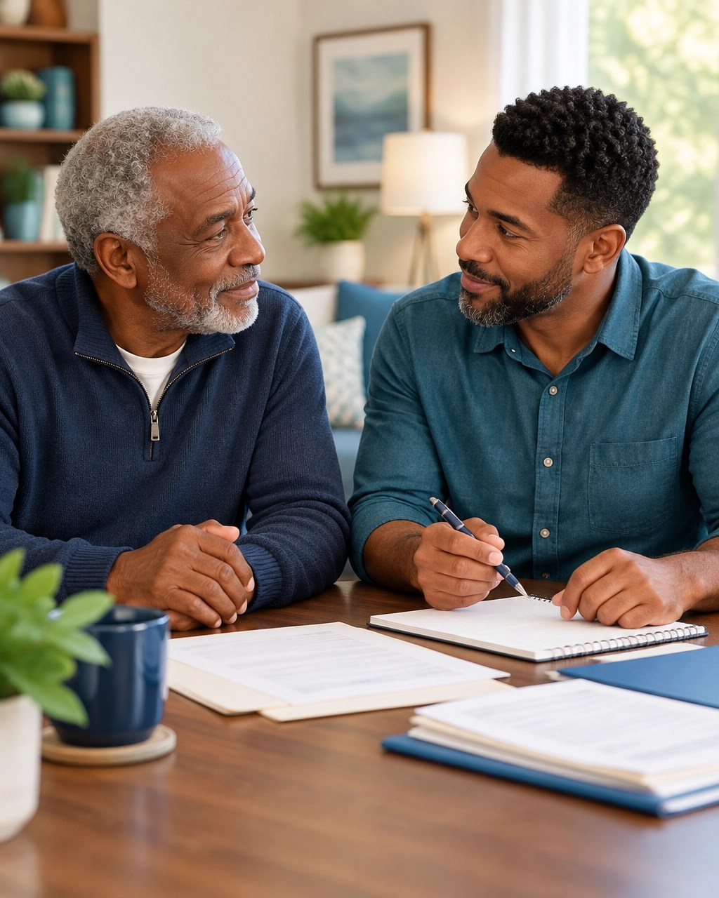 Older father and adult son having a calm conversation about family financial planning