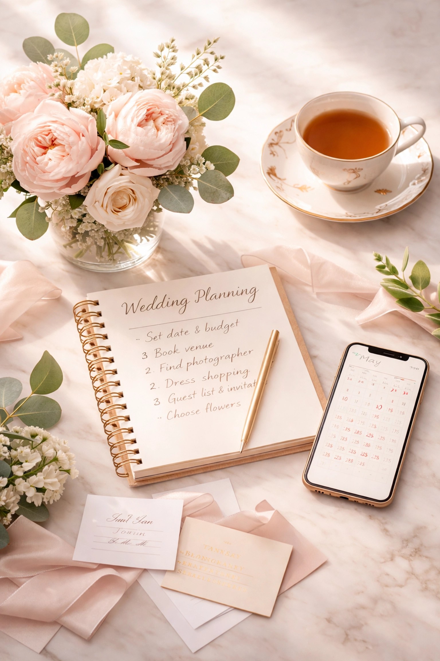 Wedding planning essentials including notes, calendar, and business cards, for organised couples attending wedding fairs.
