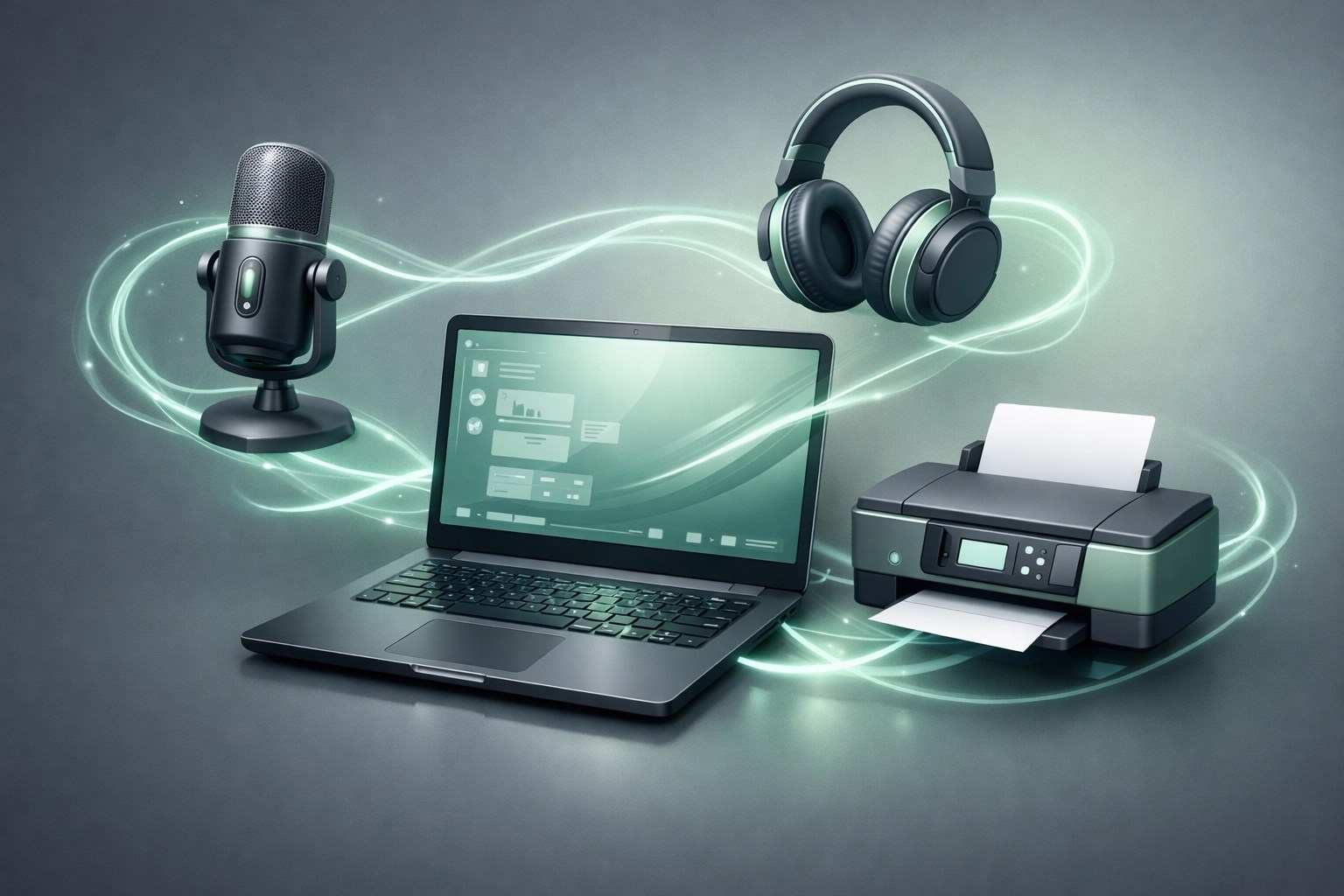 Modern laptop hub illustrating remote device redirection for printers and audio in a troubleshooting setup.