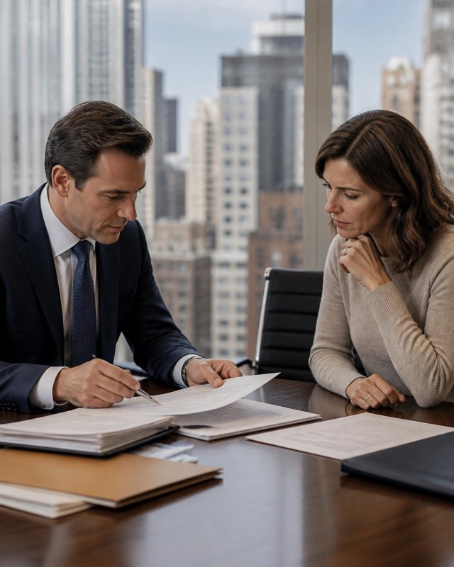 Property attorney and Manhattan condo owner reviewing residency records and a lease