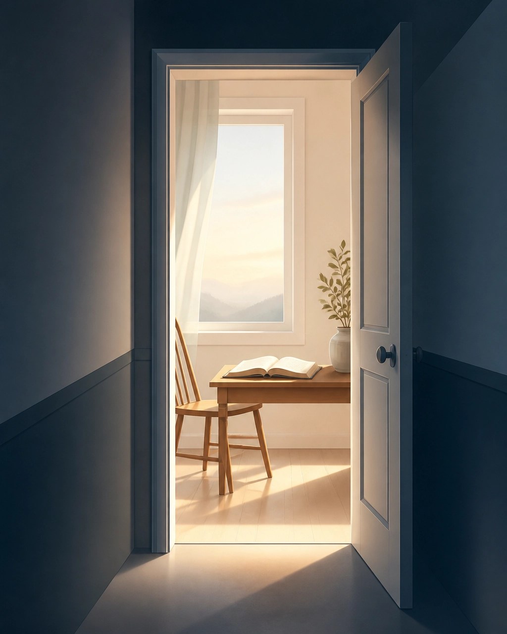 Open doorway leading from a dim hallway into a bright room with an open Bible