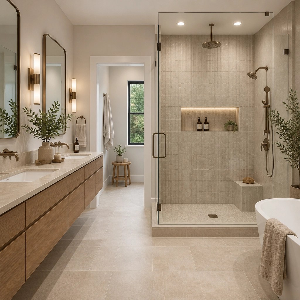 Bathroom remodel with large-format limestone-look tiles and textured walls