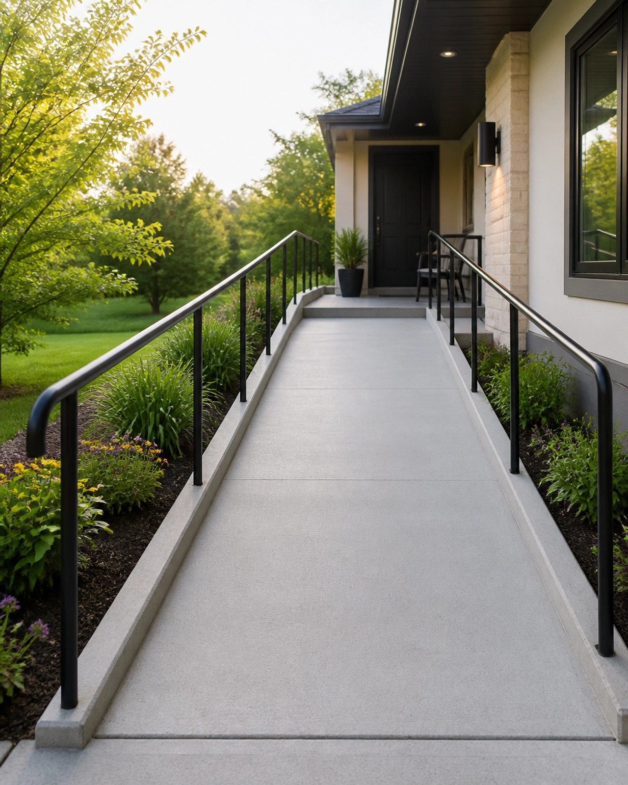 A clear, well-maintained wheelchair ramp leading to a home entrance