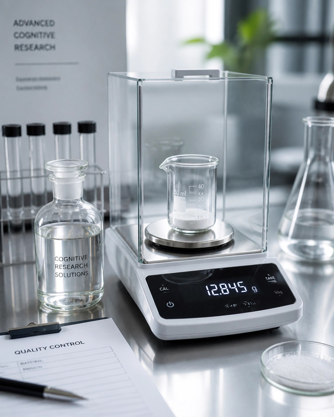 Close-up of a sleek laboratory setting with professional glassware and a digital scale