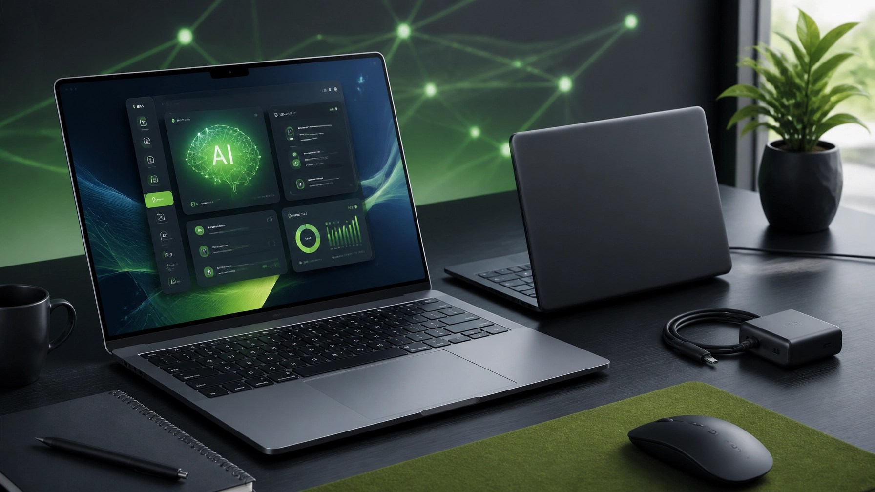 Premium remote-work desk with OLED laptop and ultralight business laptop in a modern technology setup