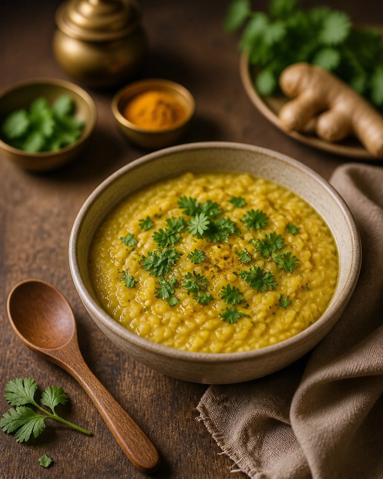 A nourishing bowl of Ayurvedic kitchari with fresh herbs and ghee