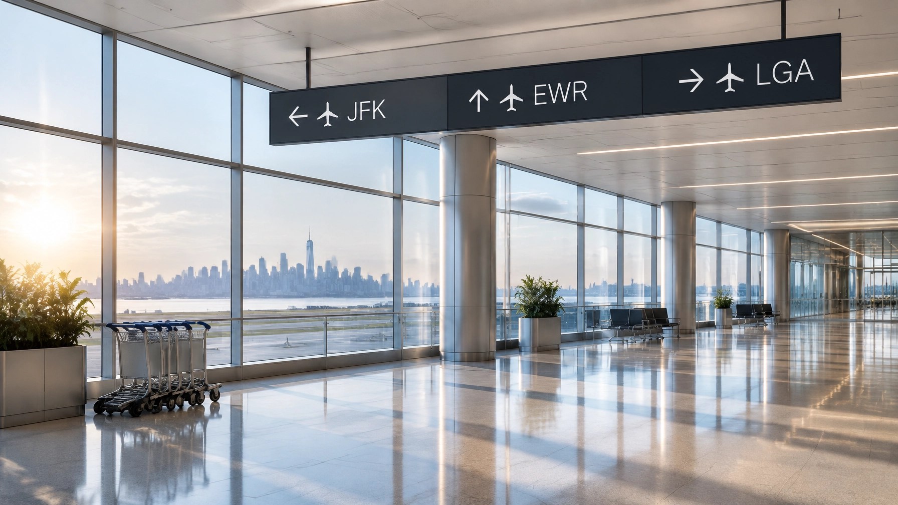 Modern empty airport terminal with generic JFK, EWR, and LGA directional signs