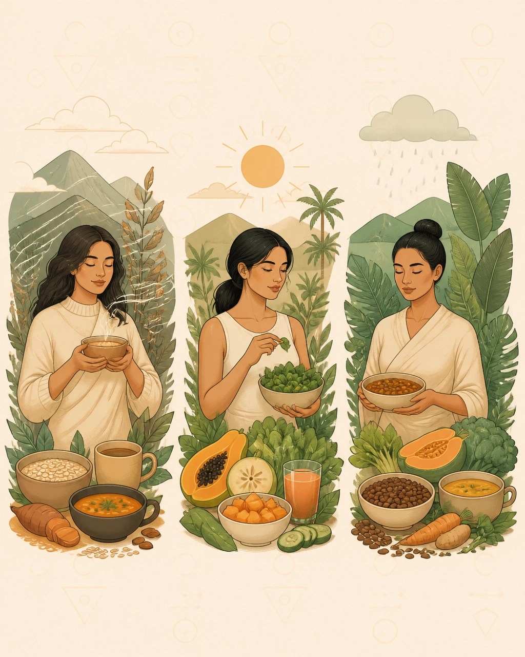Ilustración de Vata, Pitta y Kapha representados con elementos de montaña, sol, agua y tierra colombiana