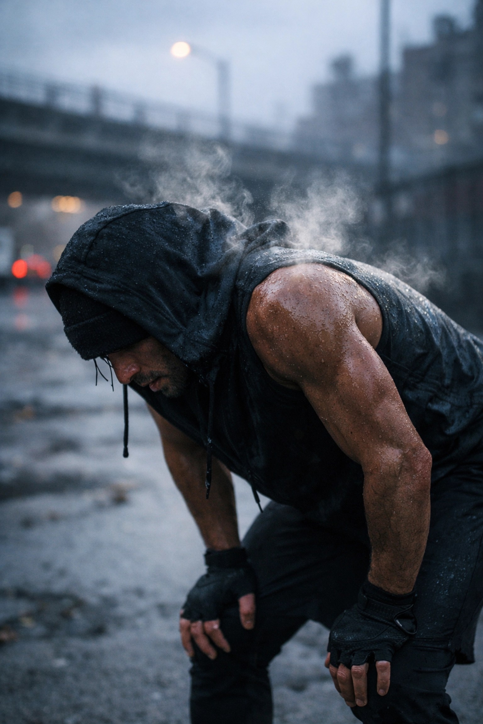 Athlete sweating during an urban morning workout, emphasizing physical recovery and high-performance mental resets.