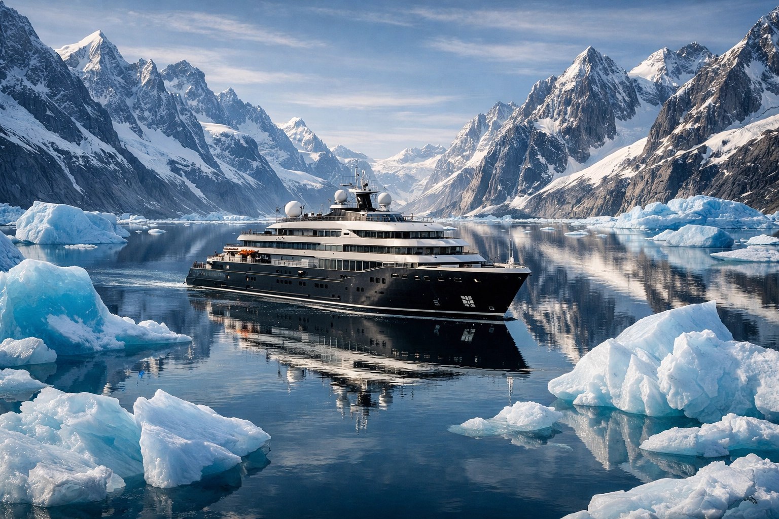 Luxury expedition cruise ship in an Arctic fjord, ideal for solo travelers seeking solitude