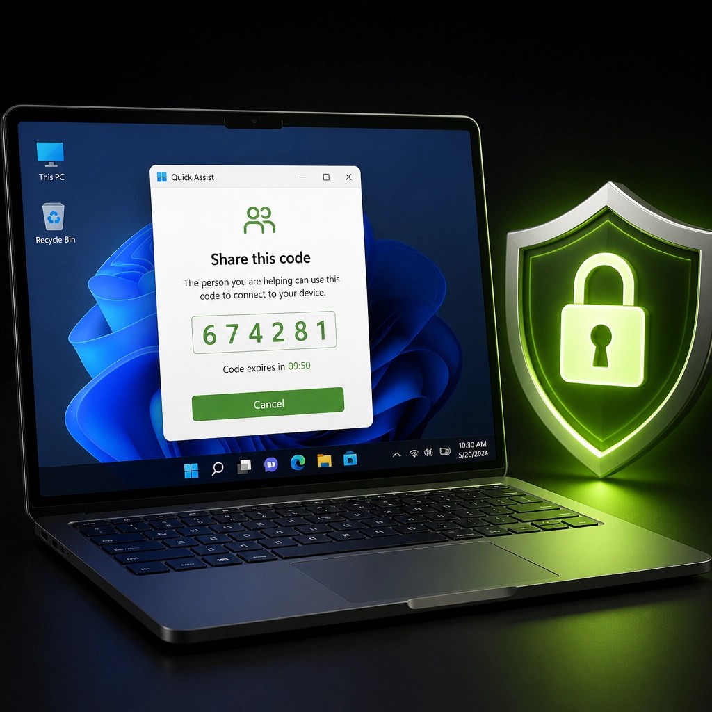 3D illustration of a Windows laptop screen showing a secure Quick Assist connection