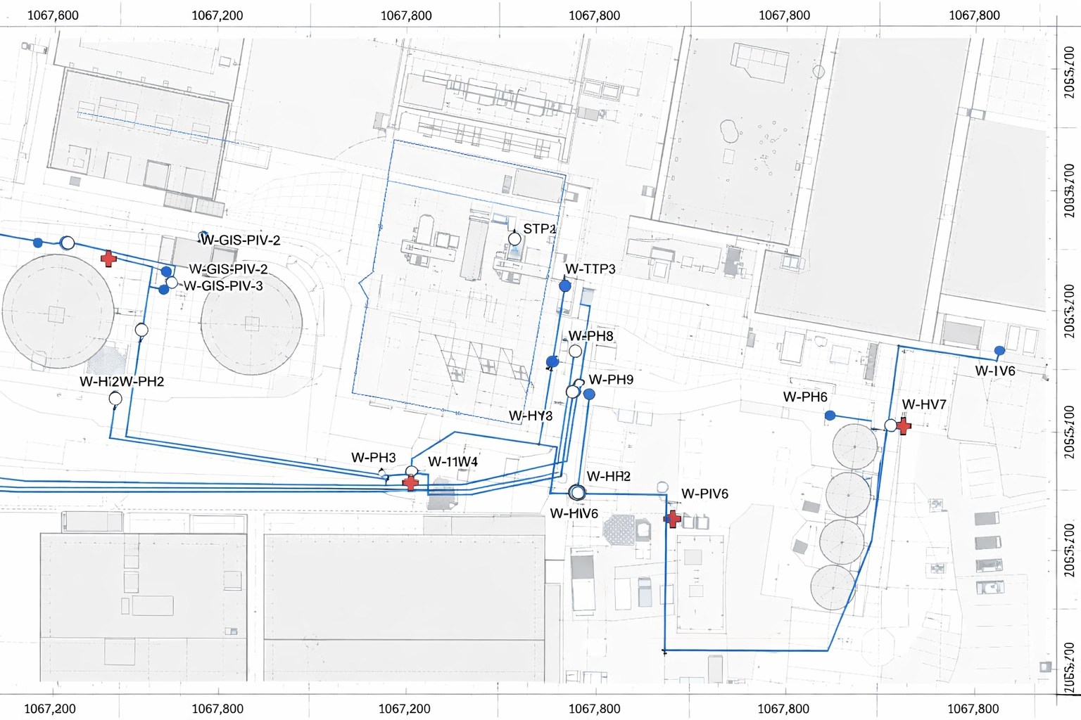 Technical utility and sampling plan view showing building footprints, pipelines, manholes, valves, and labeled sampling points on a coordinate grid.