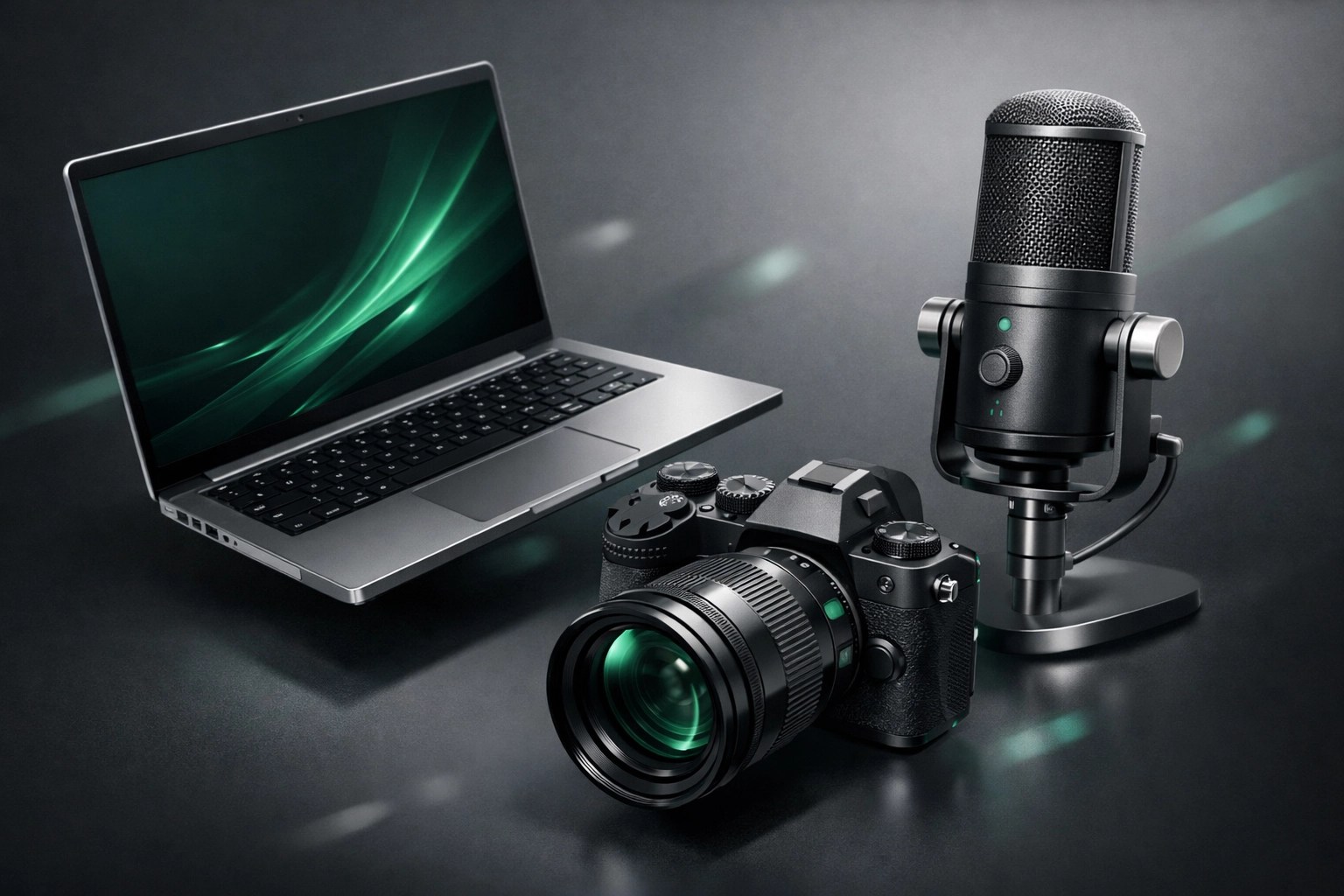 Professional tech workstation with camera and laptop for content creation and product videos.