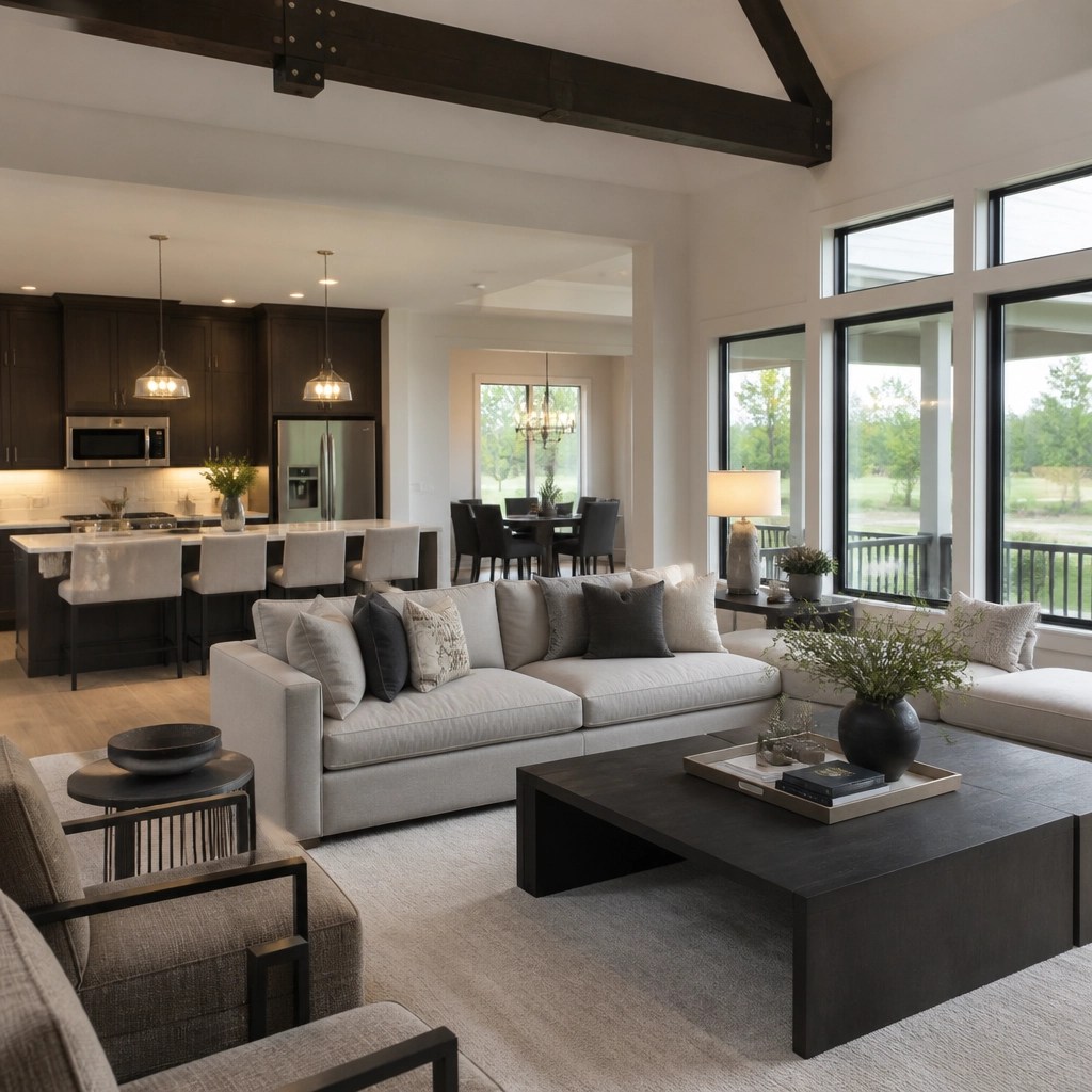Interior shot of a modern open-concept living room in an Ohio home.
