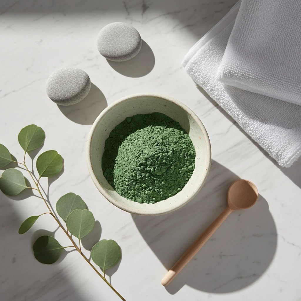 Close-up of green clay (healing clay) powder texture for facial masks — Clayer-style quality
