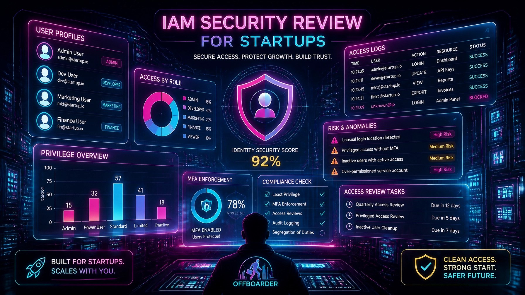 A digital neonpunk illustration of a security audit or identity review, showing translucent UI windows with glowing charts and user profiles.