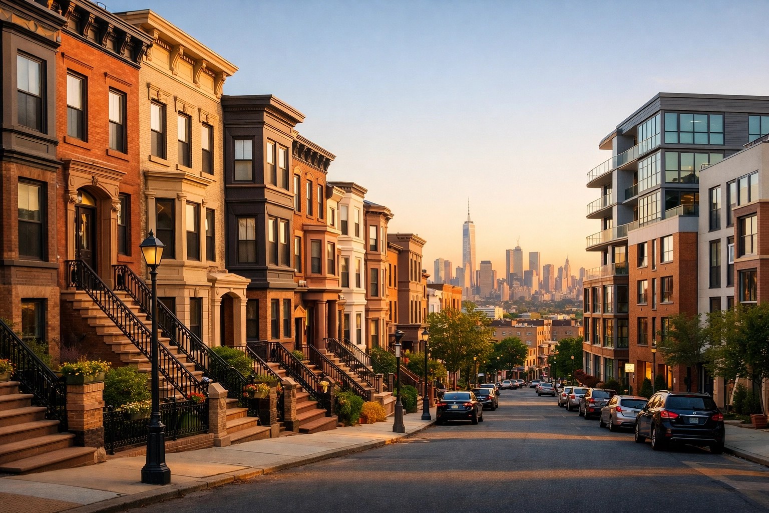 Real estate in Journal Square, Jersey City, featuring classic brownstones and modern residential buildings.
