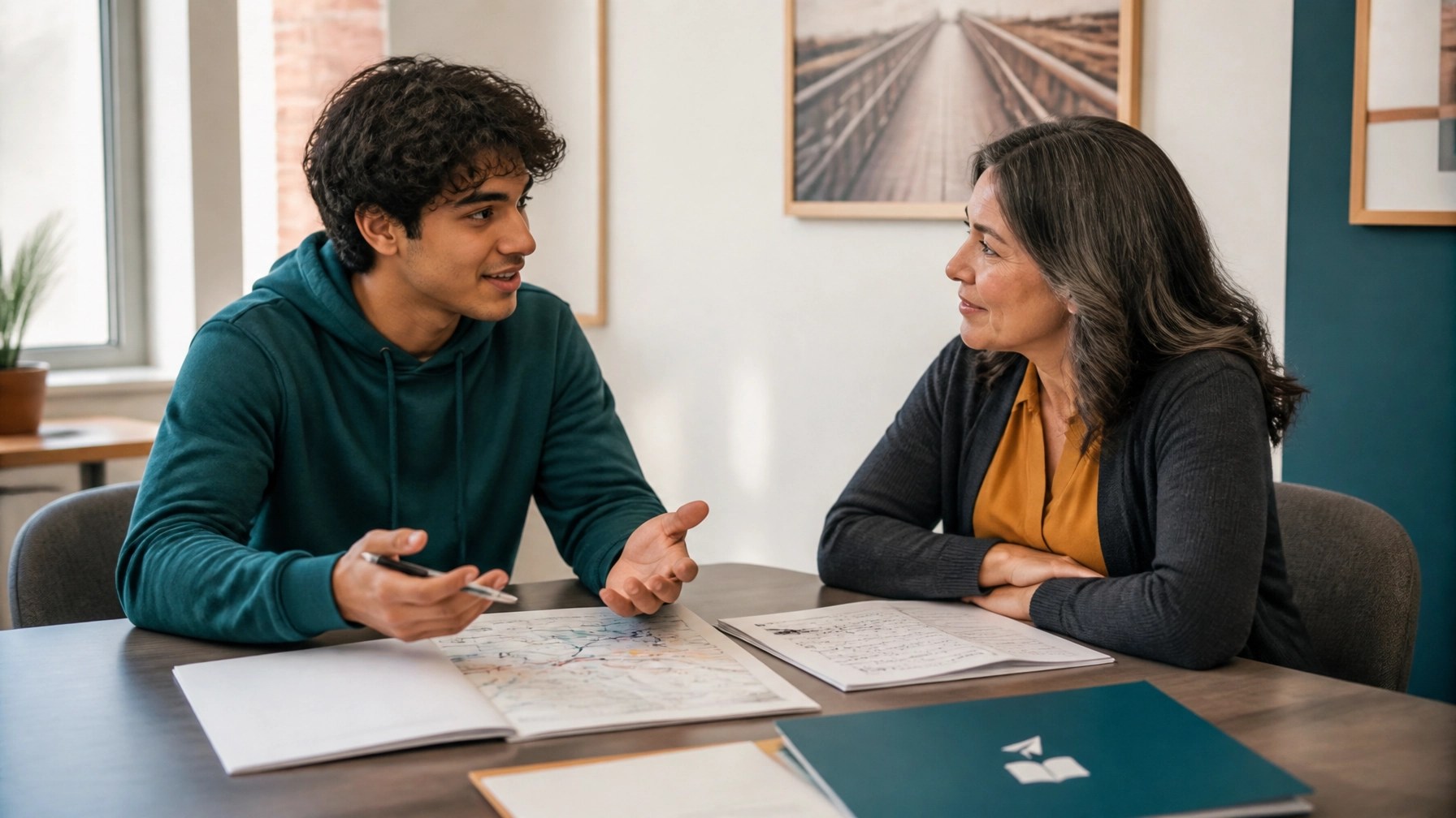 A diverse student and mentor reviewing printed materials and a handwritten cost benefit worksheet at a bright community education table