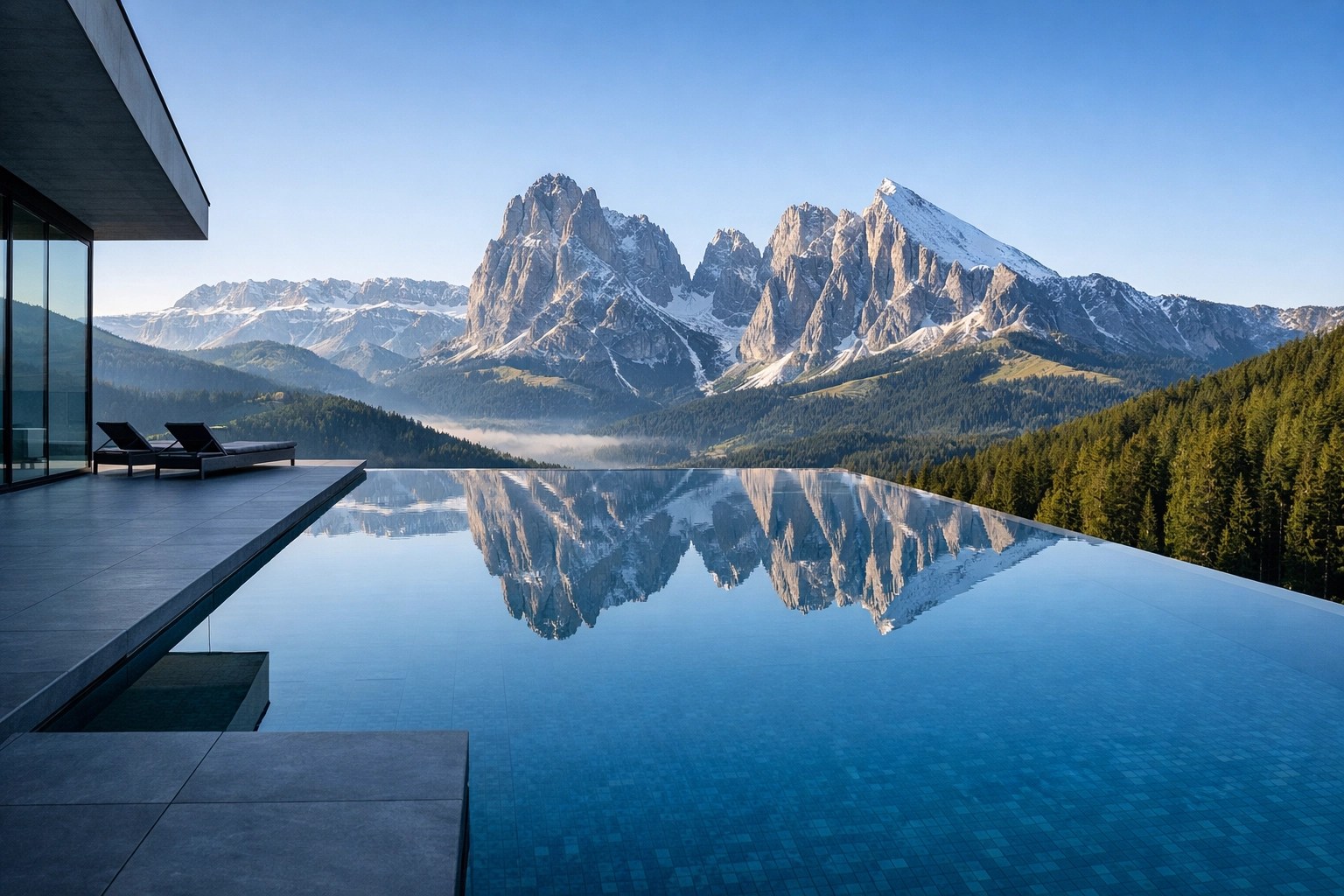 Modern infinity pool reflecting the Dolomites in South Tyrol, a top hidden gem destination for 2026.