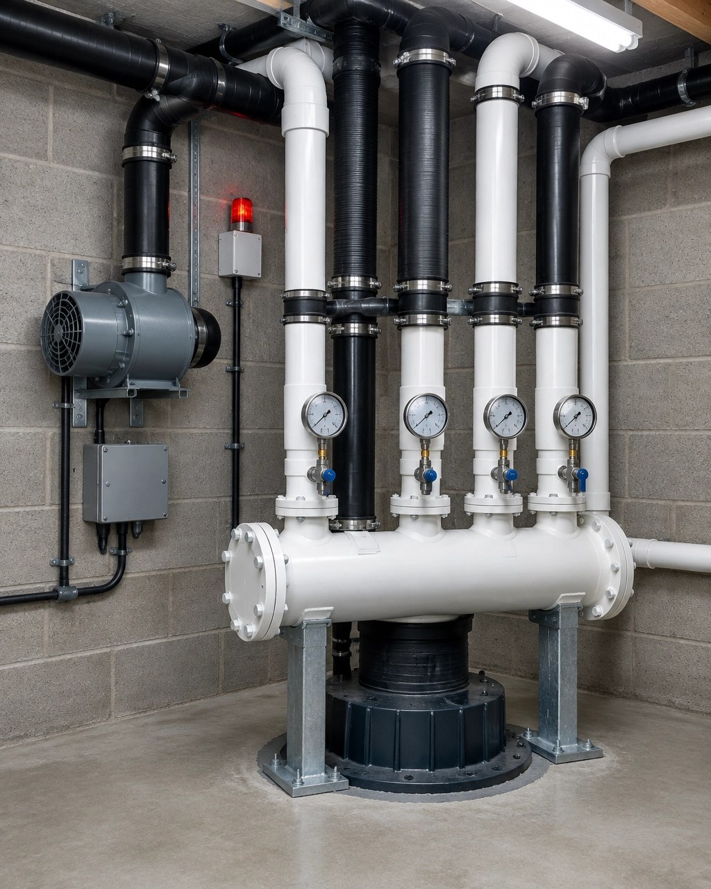 Sub-slab depressurization manifold with vapor extraction piping, pressure gauges, and active fan equipment