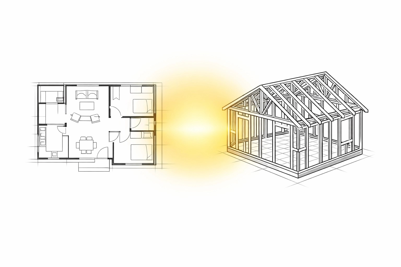 Illustration of a custom house floor plan transitioning into a modern building frame for efficient construction.
