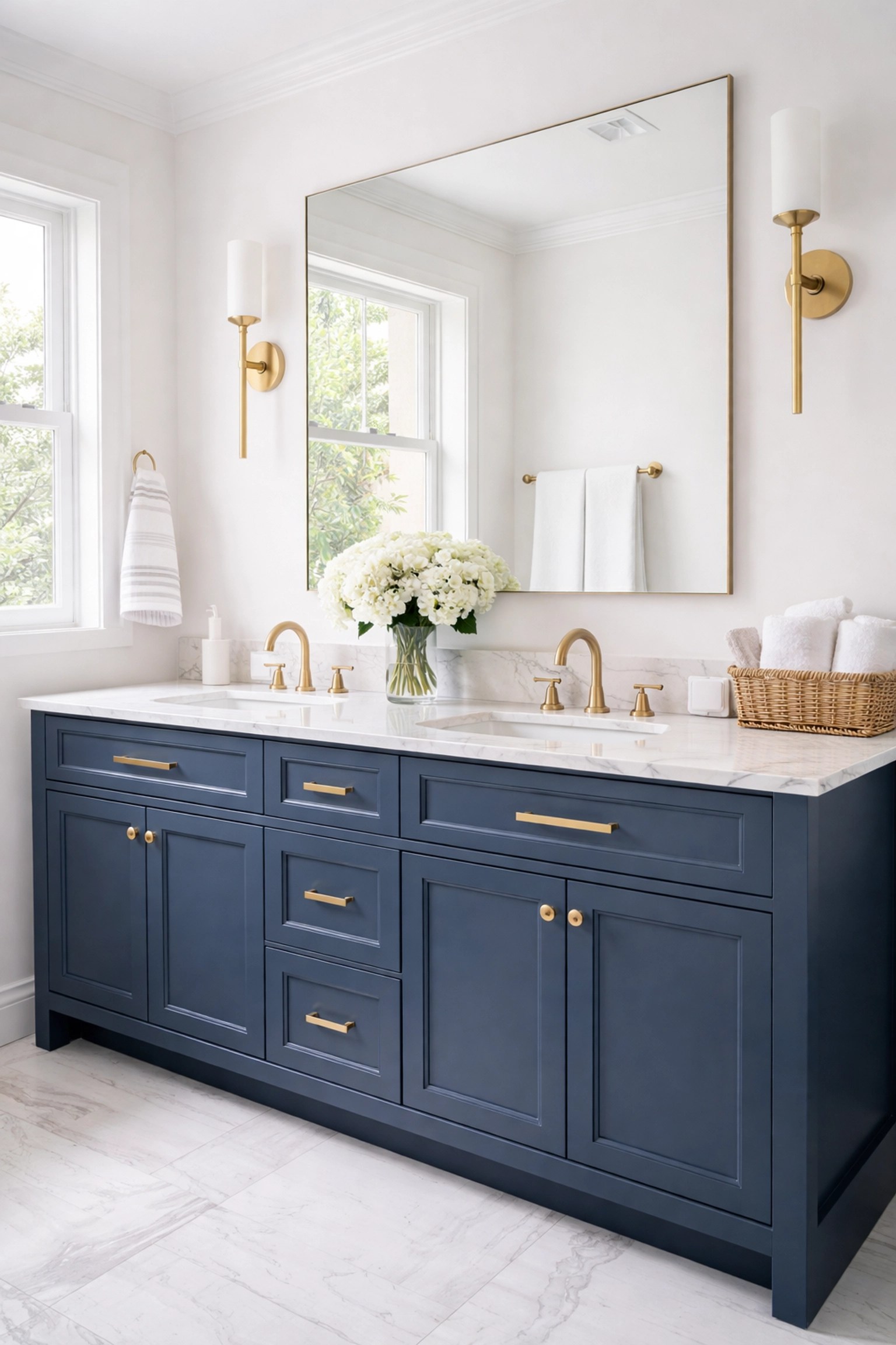 Renovated bathroom vanity with navy blue painted cabinets and brass hardware in a Port St. Lucie home