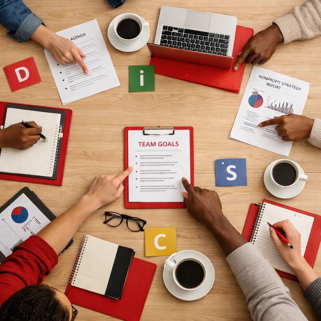 Nonprofit team meeting with DiSC resources integrated into daily workflow and collaboration