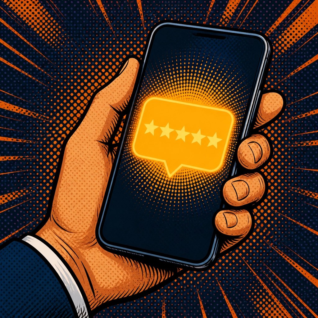 A close-up of a hand holding a smartphone showing a glowing 5-star review notification