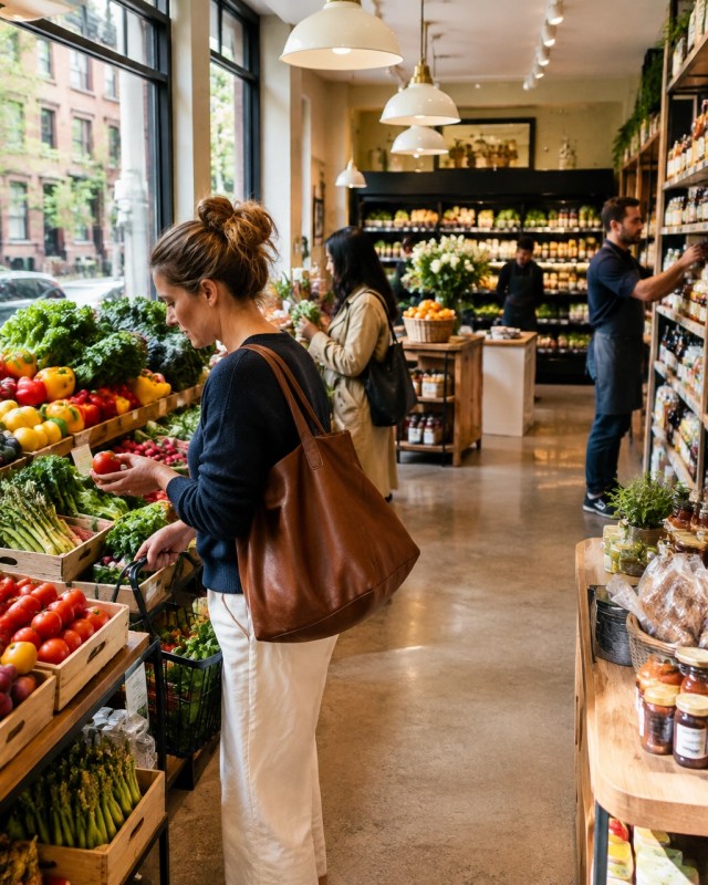 Customers browsing a neighborhood grocery shop on the Upper East Side