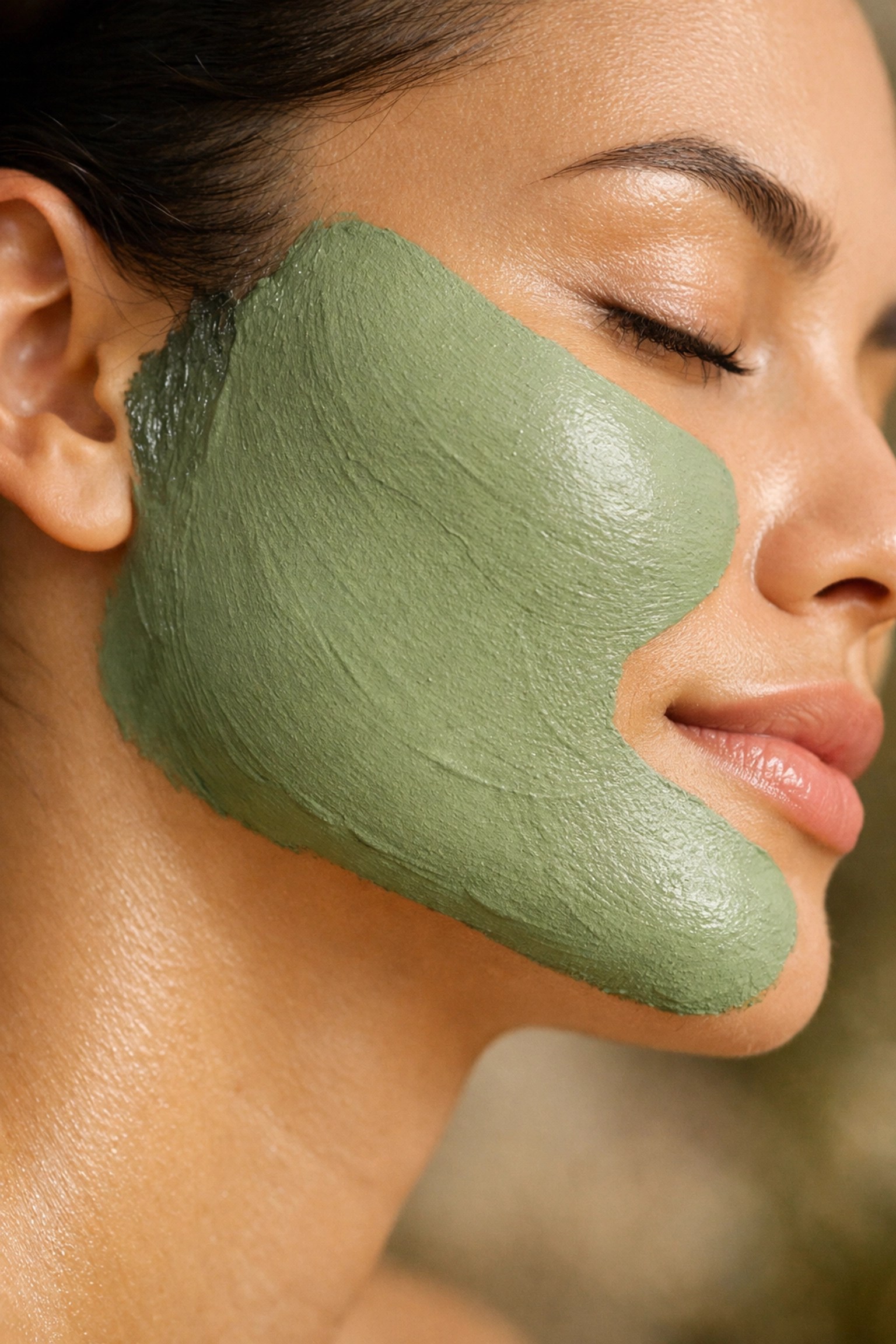 Semi-dry bentonite clay mask on sensitive skin showing the ideal texture for safe removal.