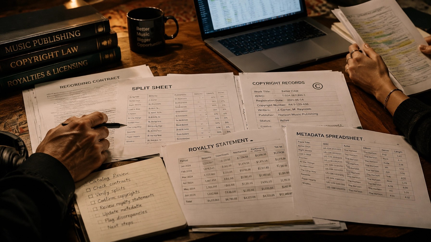 Hands reviewing contracts, split sheets, copyright records, royalty statements, and metadata spreadsheets beside a laptop in a warm music administration workspace