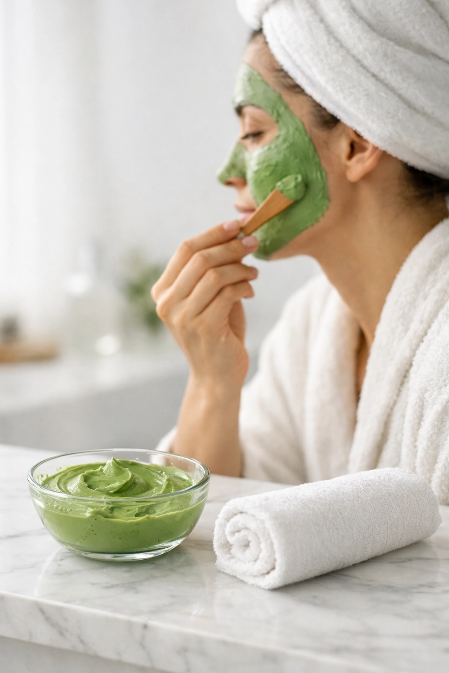 Applying a smooth green clay facial mask for deep pore cleansing and oil control.