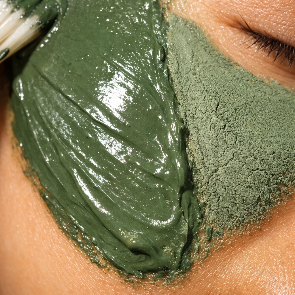Green healing clay mask showing the transition from wet to tacky stages on a person's cheek.