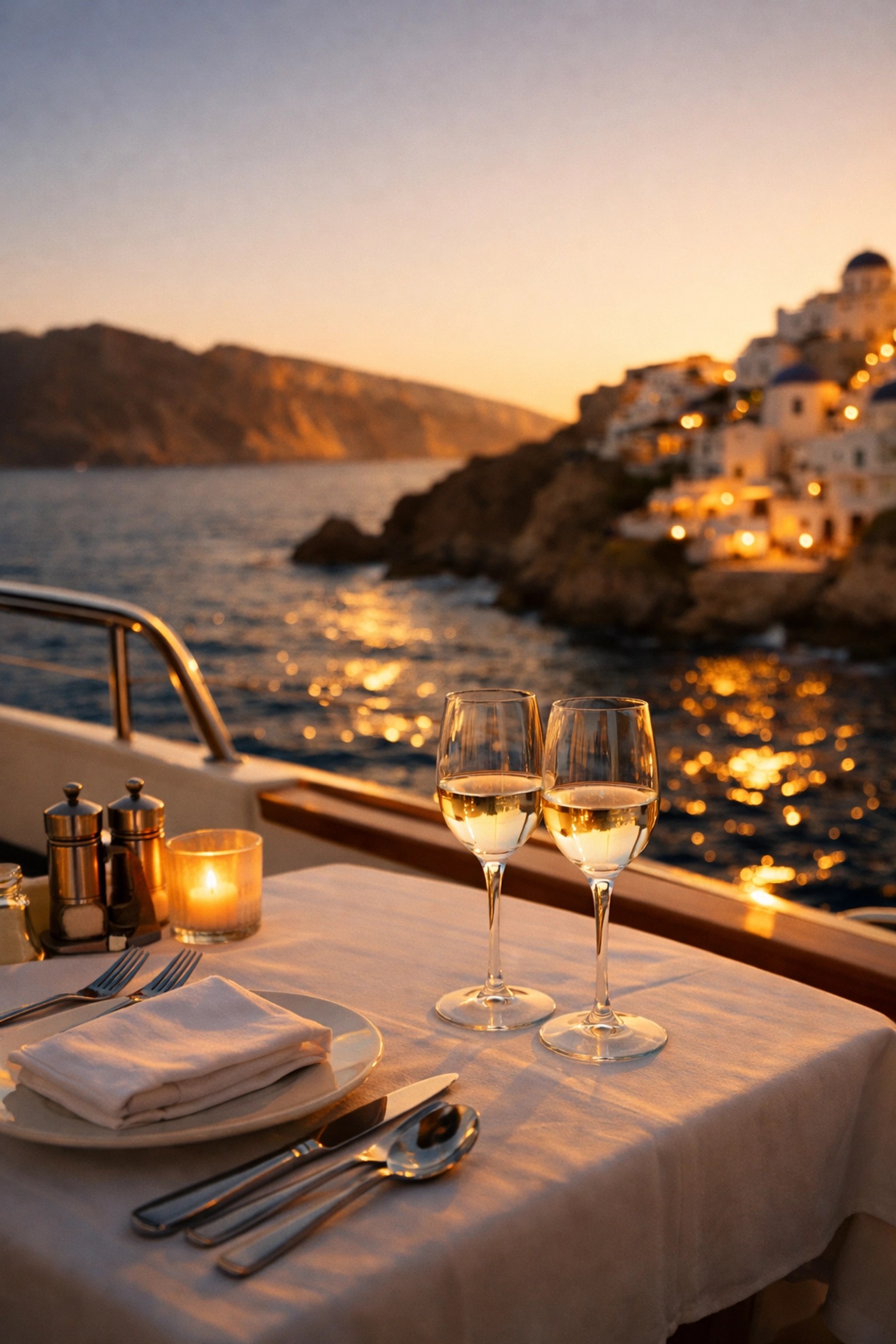 Romantic sunset dinner on luxury yacht deck in Mediterranean with coastal views