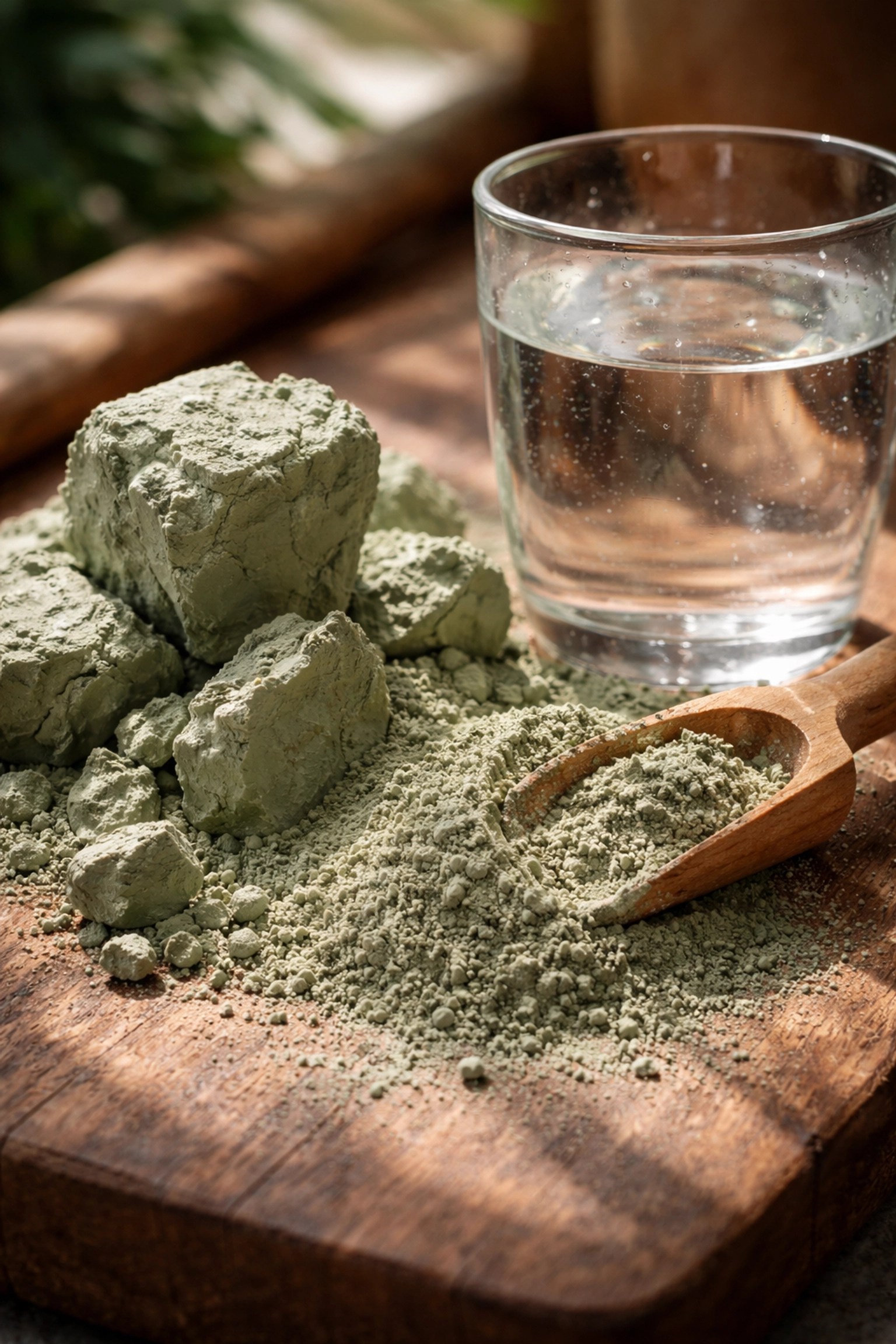 Raw green clay chunks and powder with a glass of purified water on rustic wood, illustrating clay's water purification ability