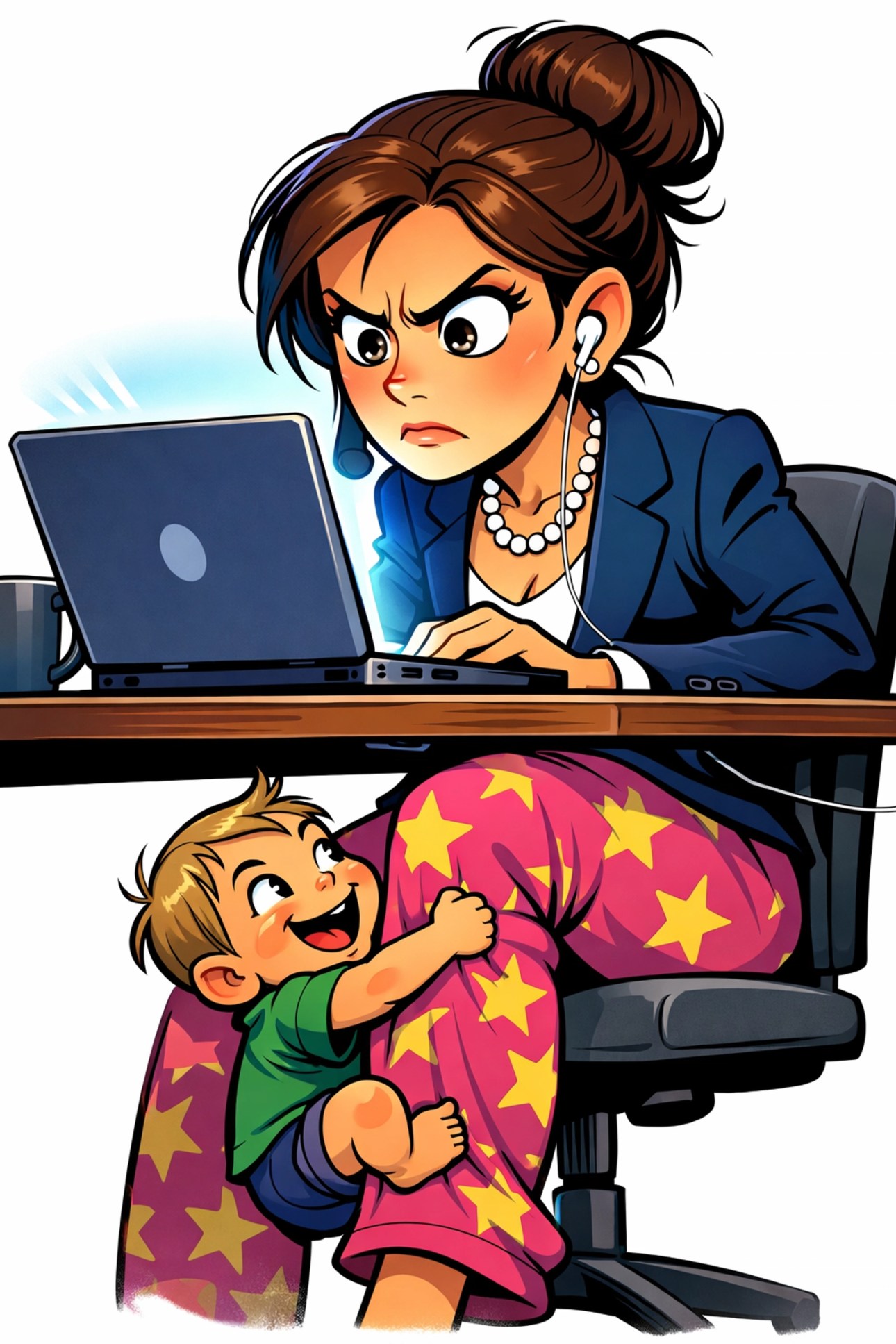 Humorous work-from-home mom in a blazer and pajama pants, representing the daily parenting grind.