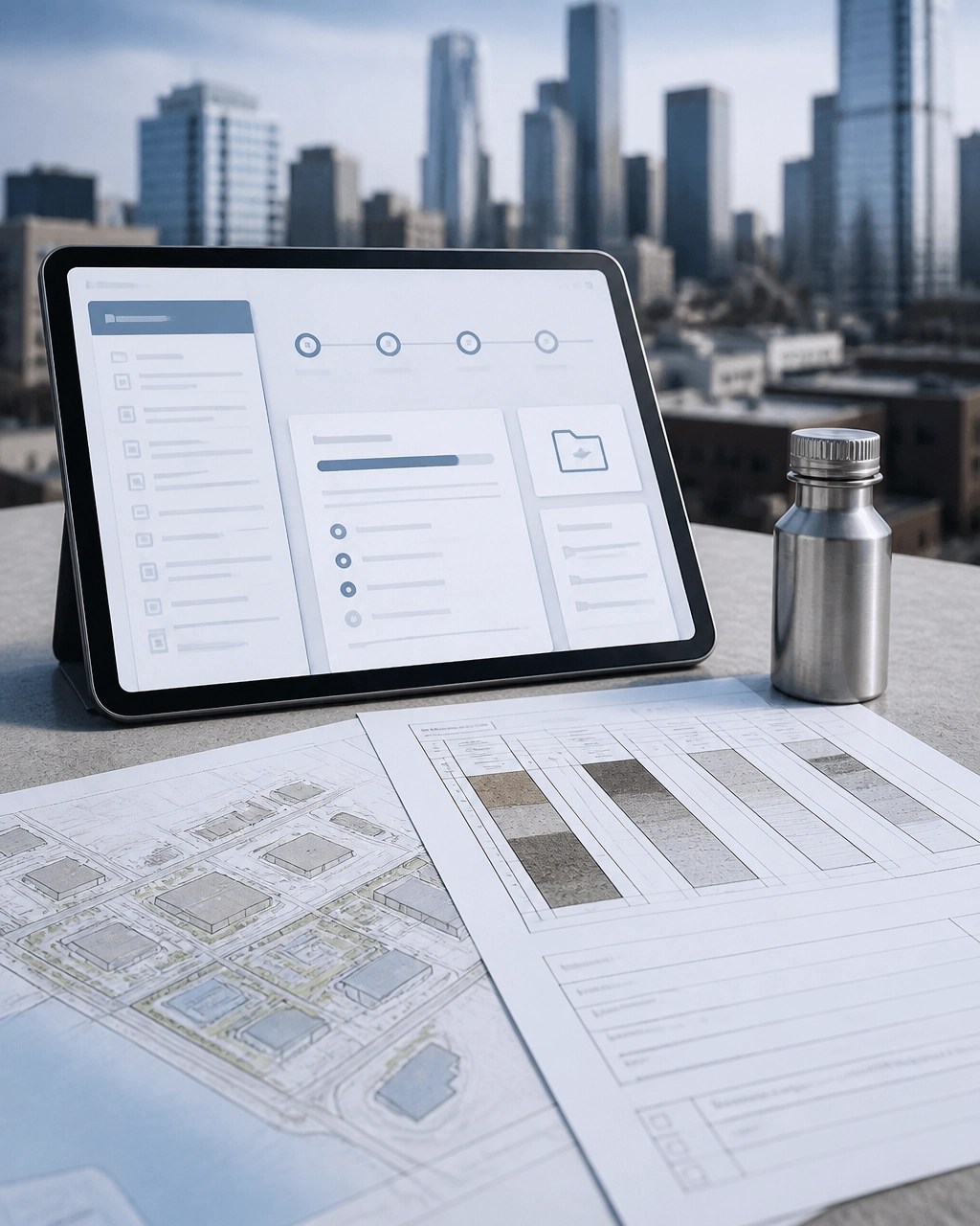 Technical project submission scene with EPIC-style abstract workflow panels, sampling documents, and NYC site plans