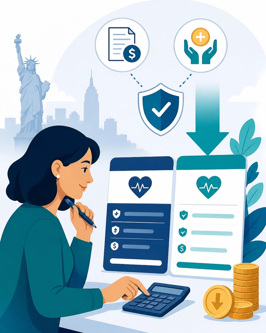 New York resident comparing health plans with a calculator and savings symbols