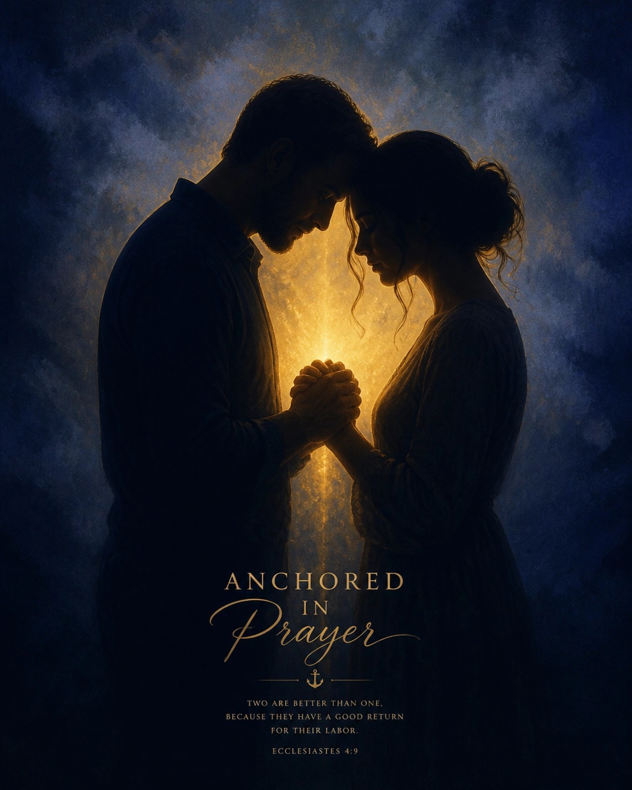 Two silhouettes connecting in a frequency of prayer and unity