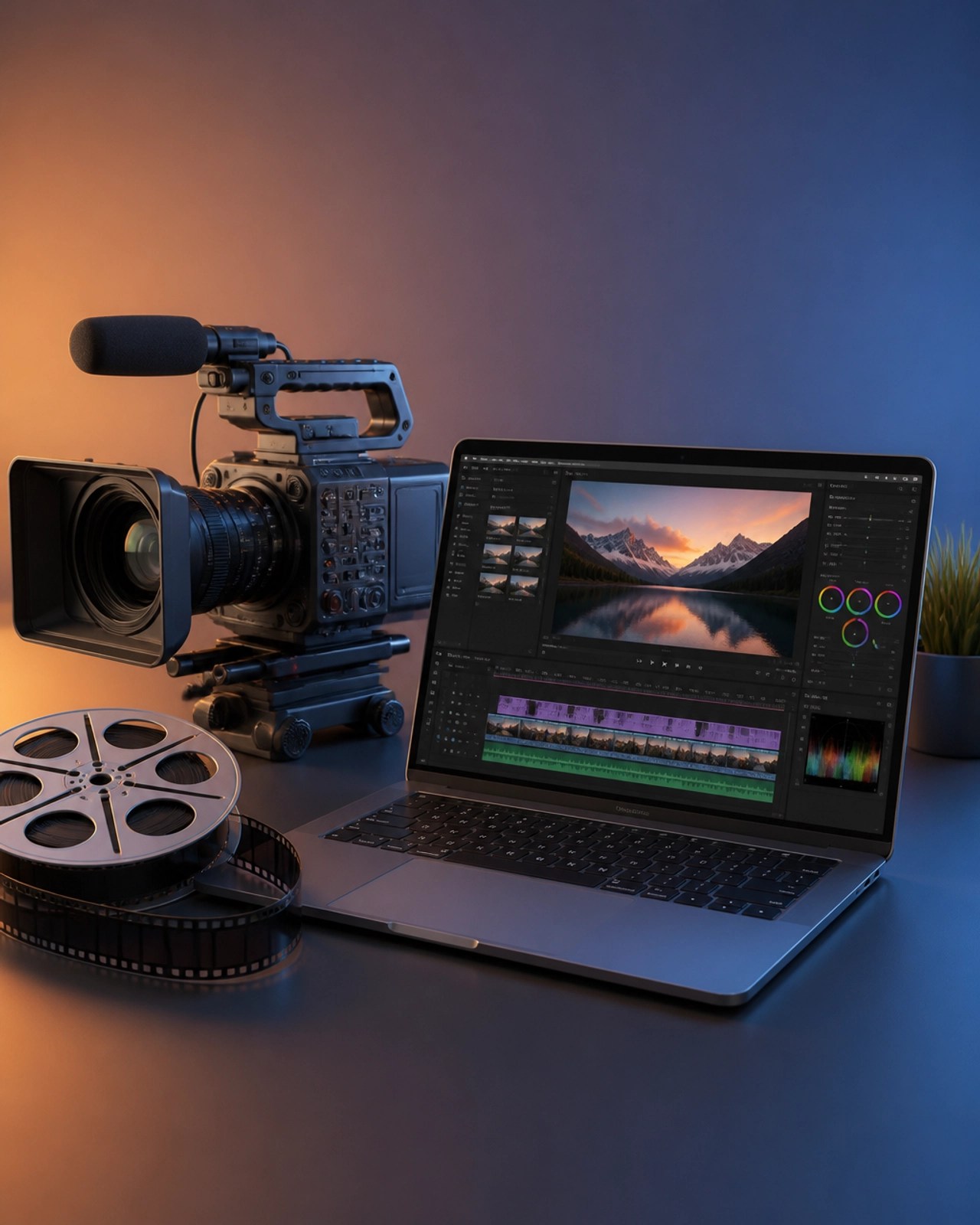 3D illustration of a professional video camera and film reel