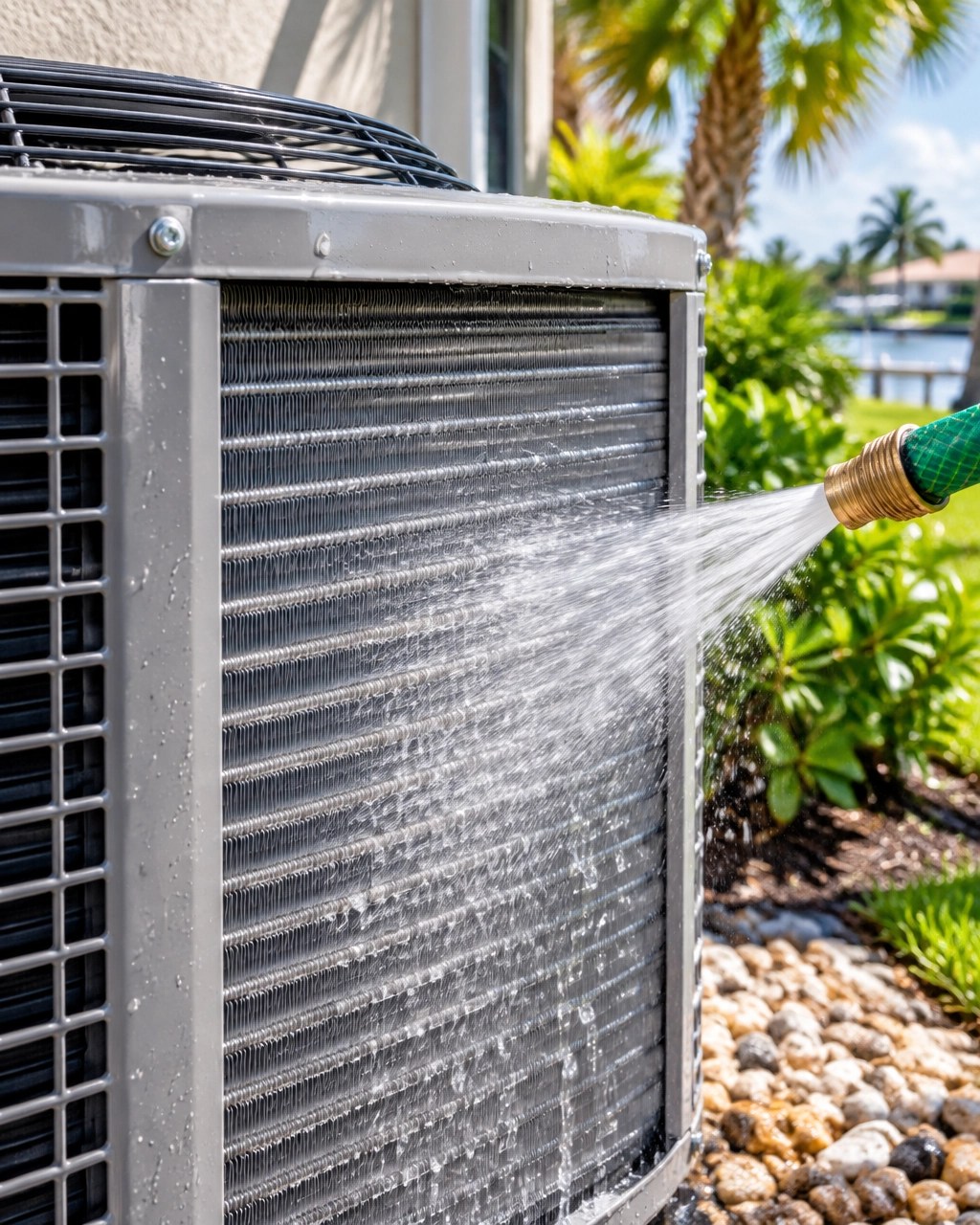 Realistic close-up of clean outdoor condenser fins during safe air conditioner cleaning in a Southwest Florida yard