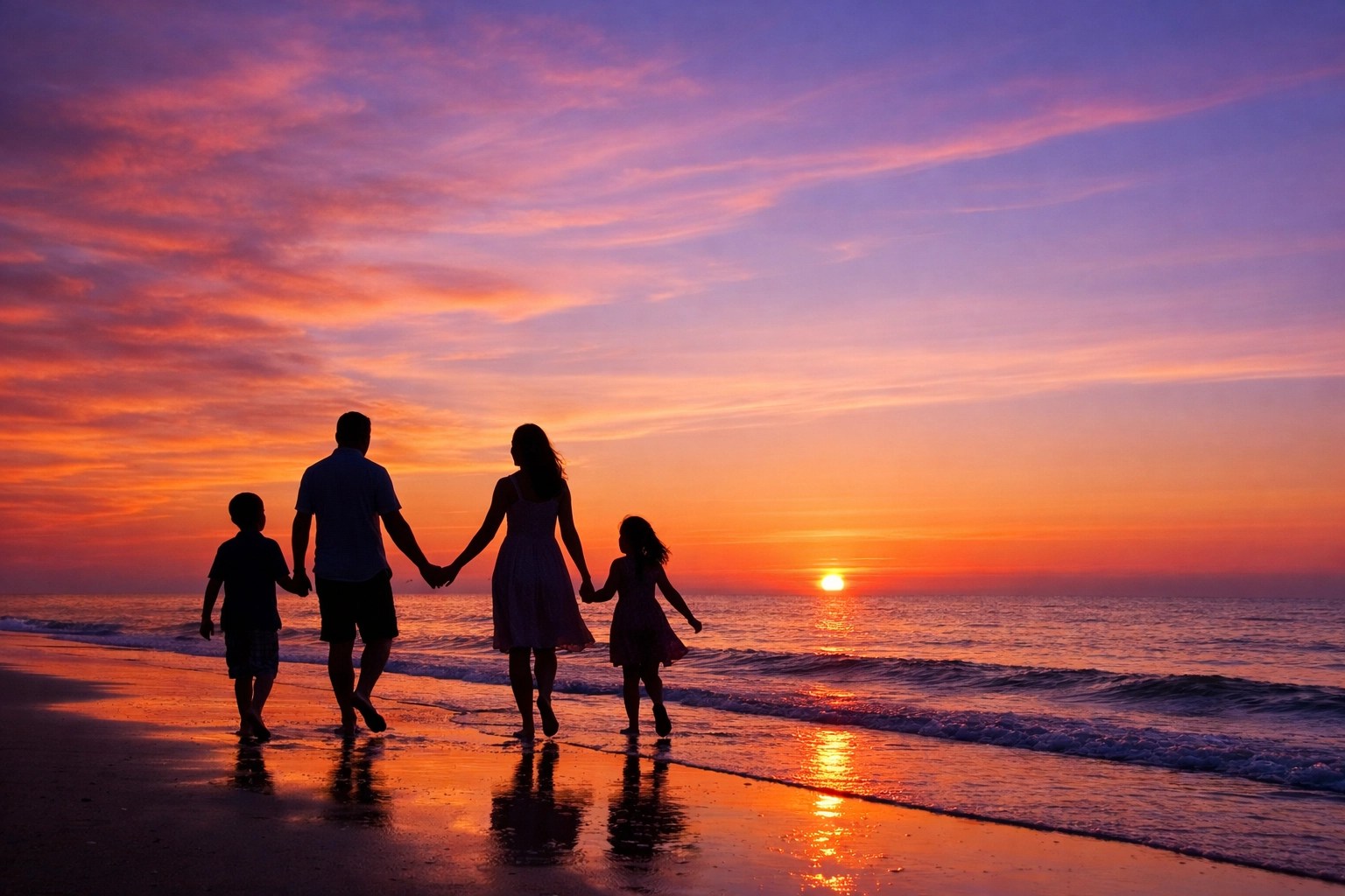 A family walking on a Florida beach at sunset, representing peace of mind with secure health insurance coverage.