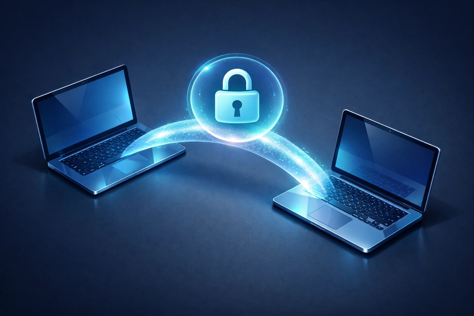 Illustration of a secure remote IT support connection between laptops with a padlock icon.