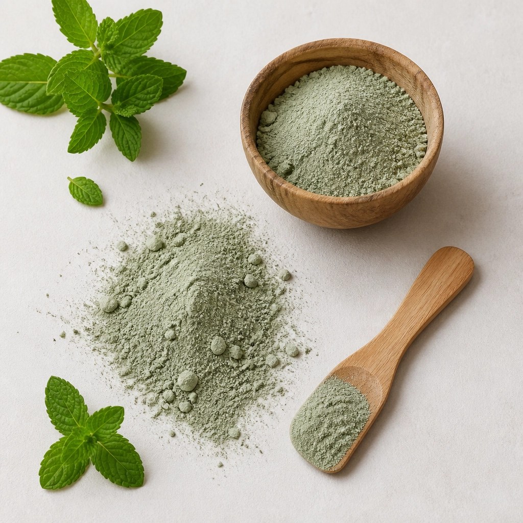 Pure clay powder and wooden tools representing quality and nature