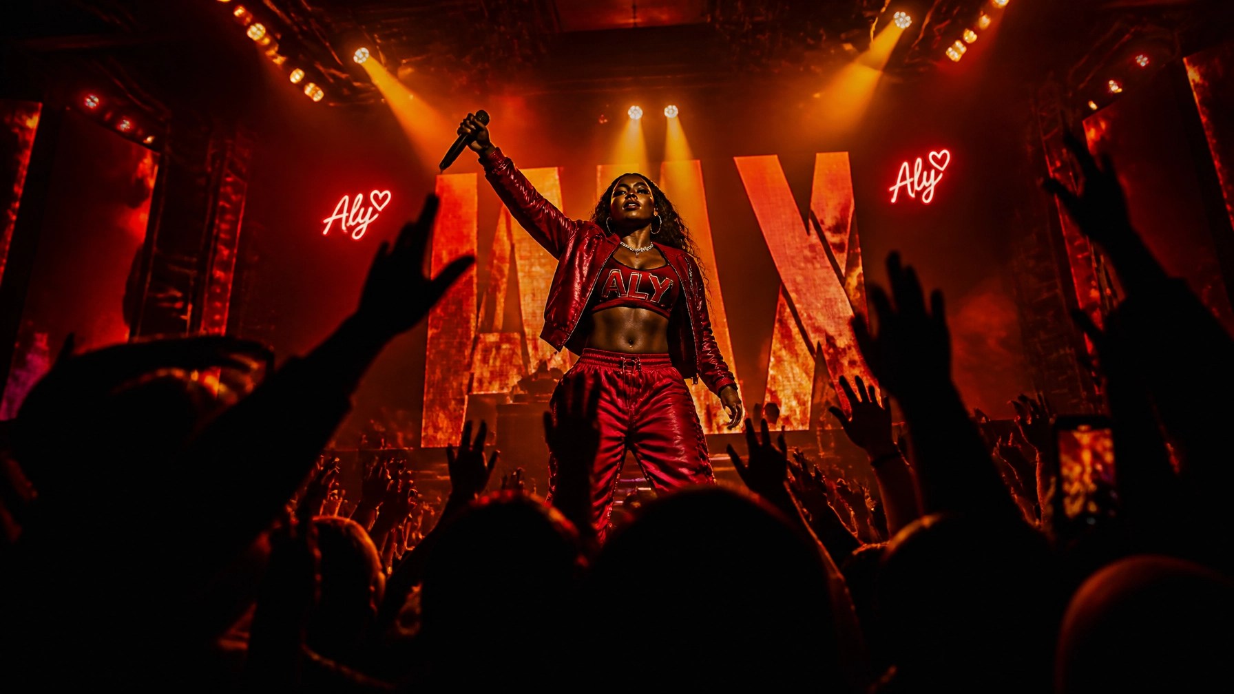 Wide-angle shot of Bankroll Ni performing on a concert stage with intense crimson lighting and a silhouetted crowd