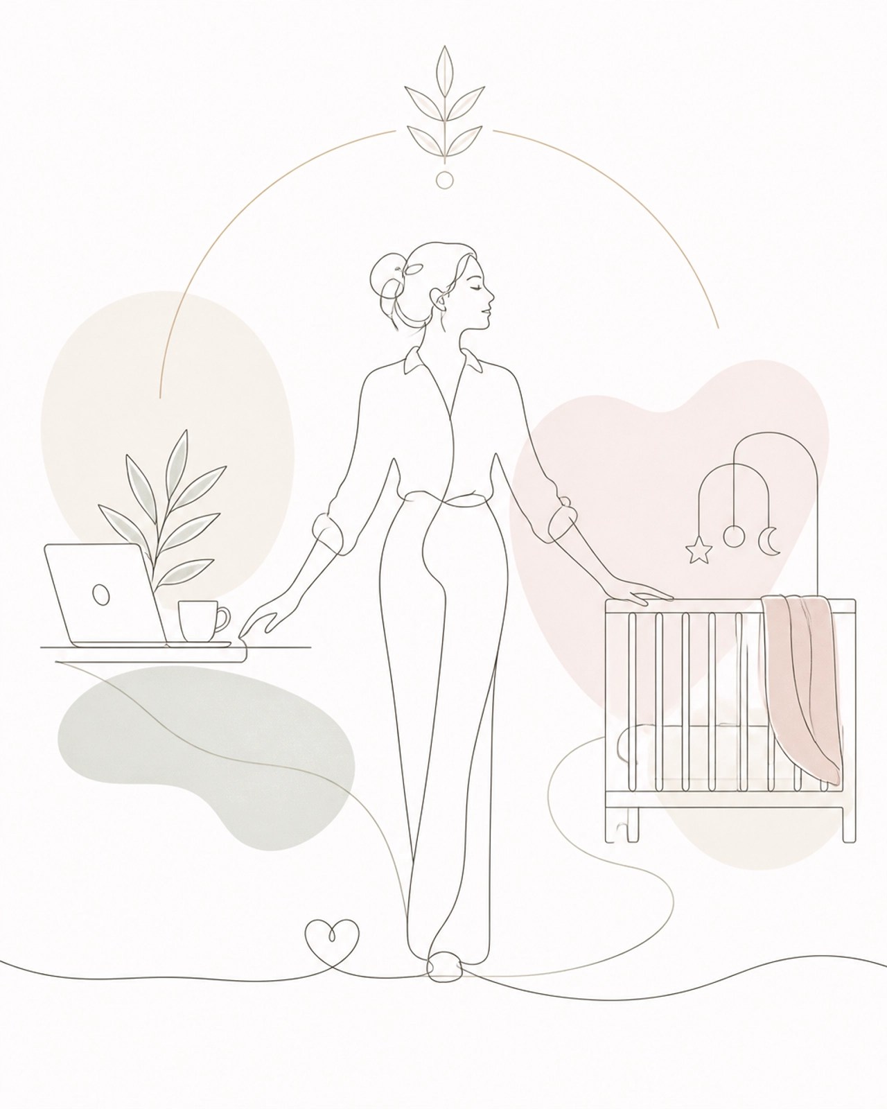 Minimalist fine-line illustration of a woman standing between abstract representations of work and home life, symbolic of balance.