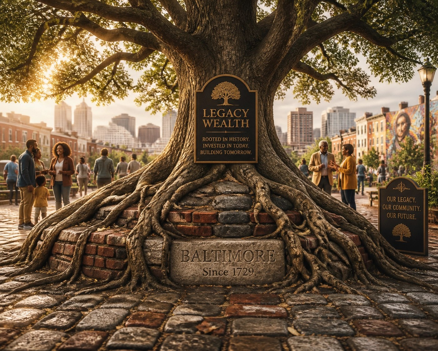 A flourishing tree growing from urban brick foundations representing legacy wealth through Baltimore real estate.