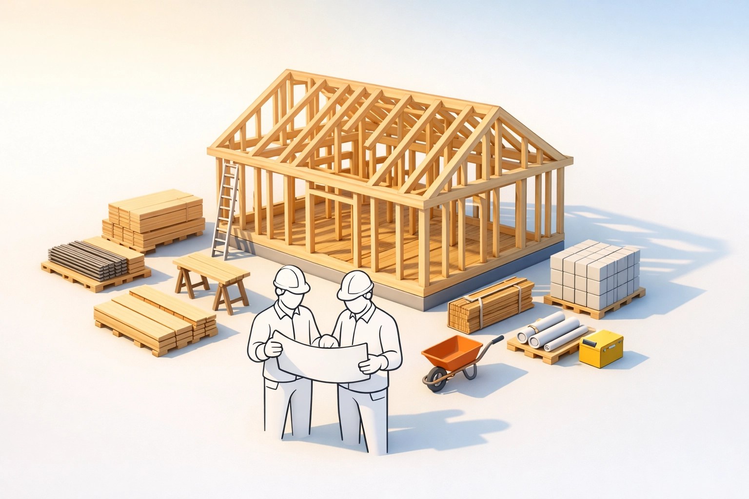 Custom home construction site showing framing and workers building affordable housing