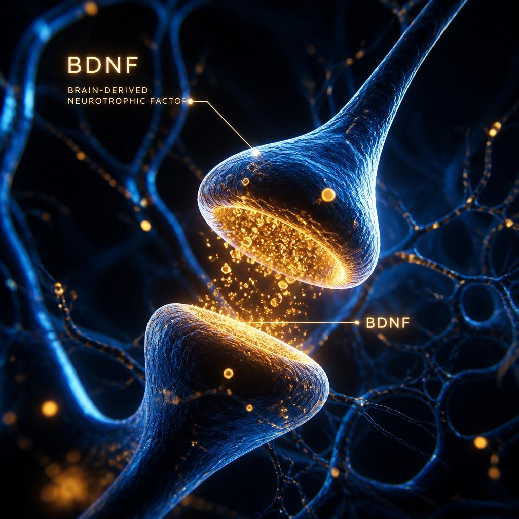 Abstract 3D render of a human neural network glowing with blue and gold light. Visualizing 'BDNF' as glowing particles connecting synapses. Scientific luxury aesthetic, dark background with vibrant light highlights.