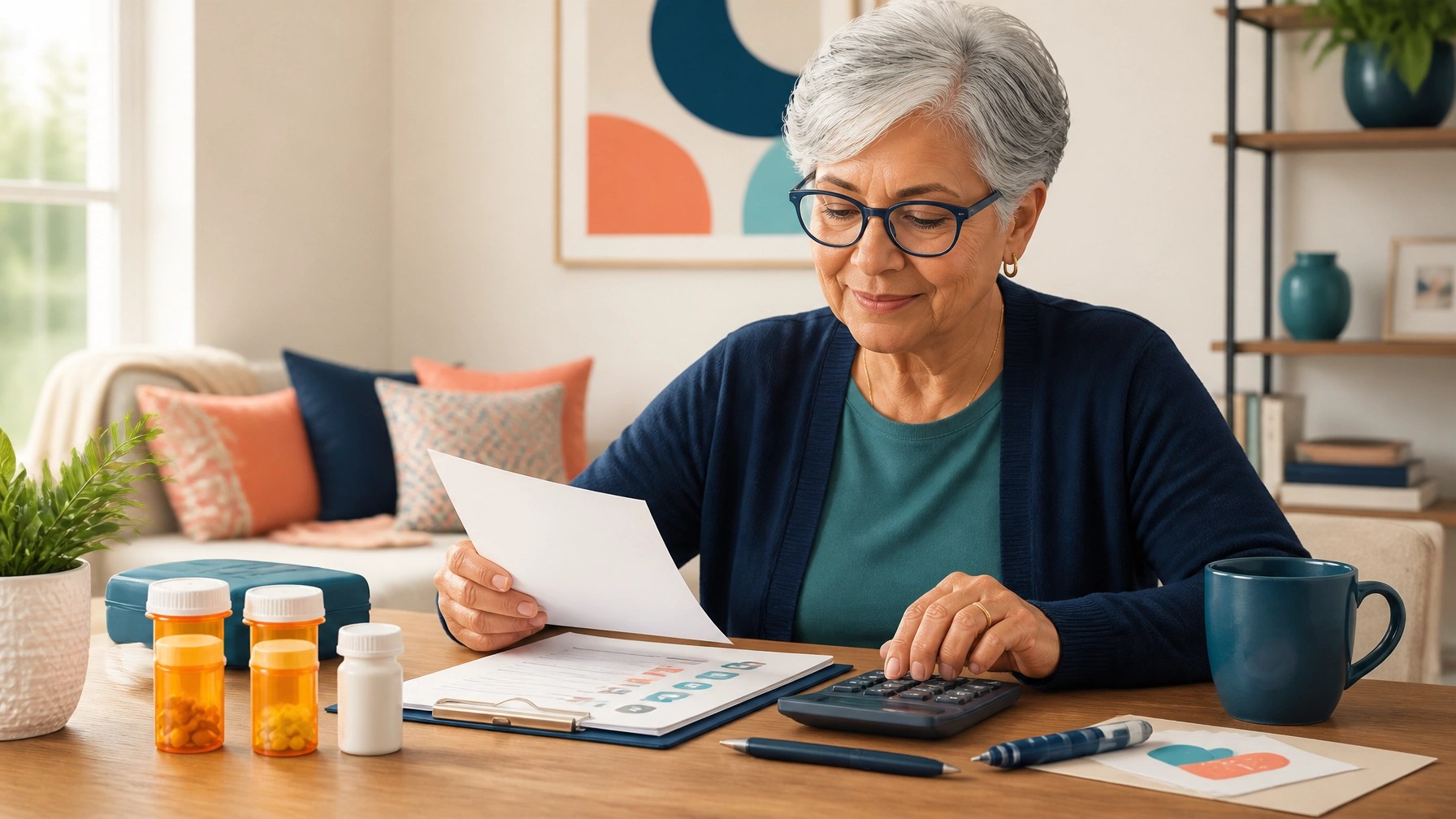 Older adult reviewing prescription costs, an insulin pen, vaccine card, and calculator at home